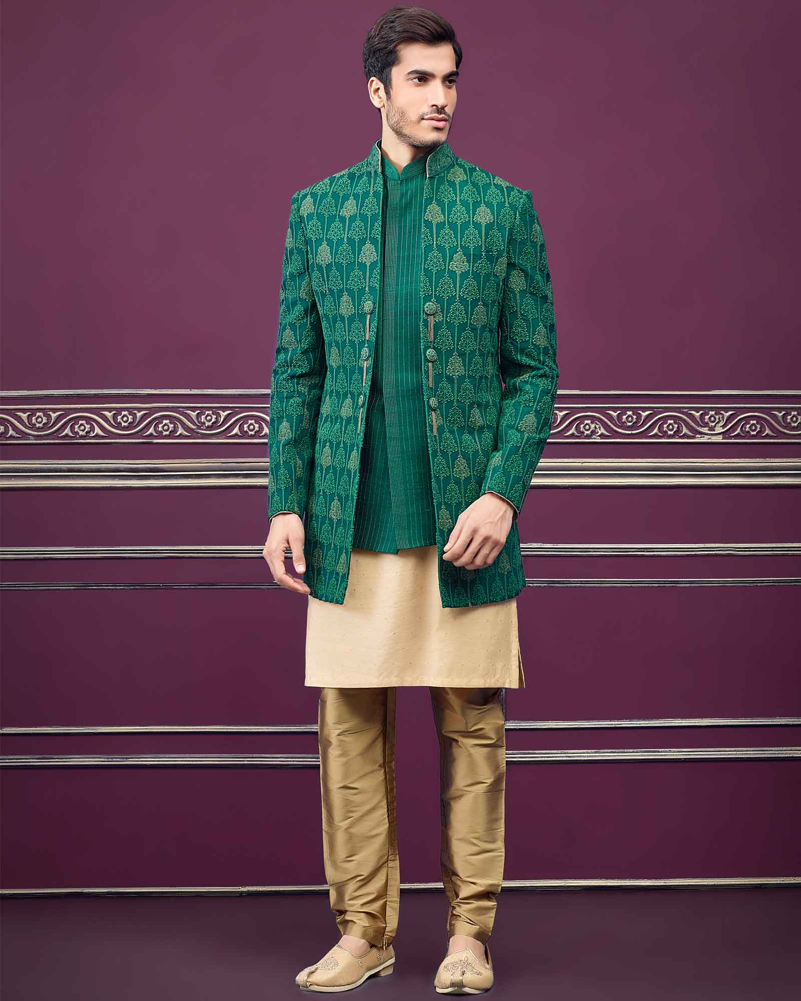 Green Jacket Style Cotton Silk Designer Semi Indo Western - RCI3159