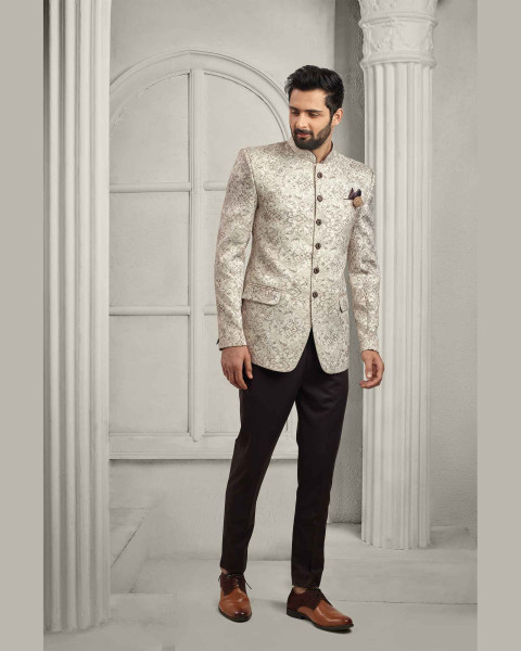 Cloudy Gray Floral Texture Pattern Jodhpuri Suit - ASP4851/2