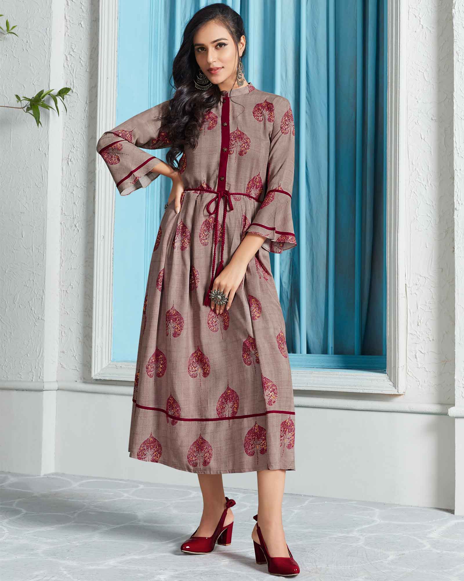 Wine Floral Printed Long Kurti