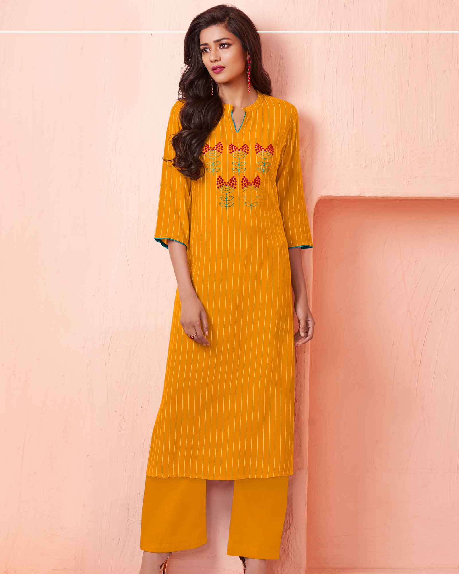 Yellow Stripes Kurti with Embroidery