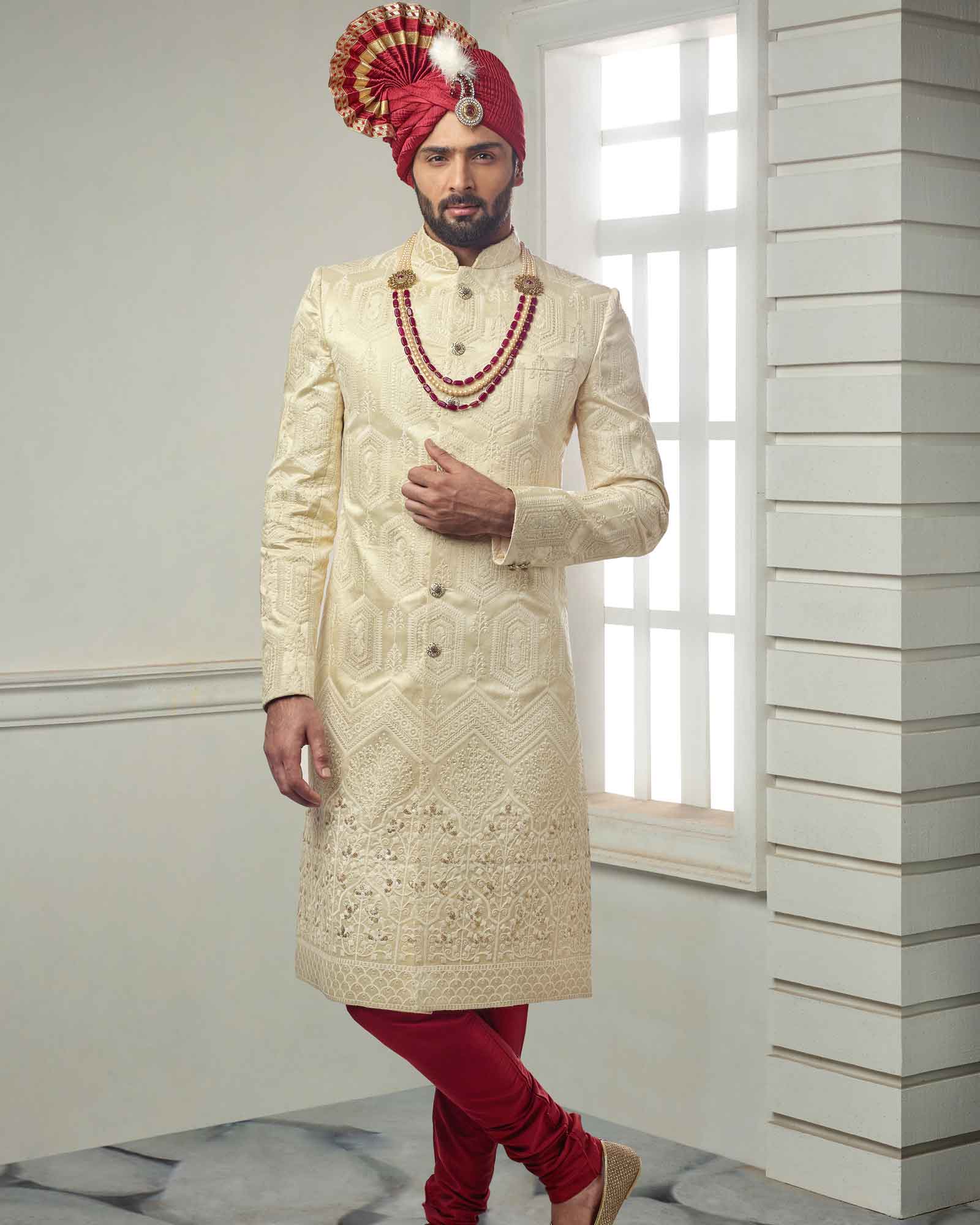 Off White Dori & Sequins Work Silk Sherwani - ASPI344/2