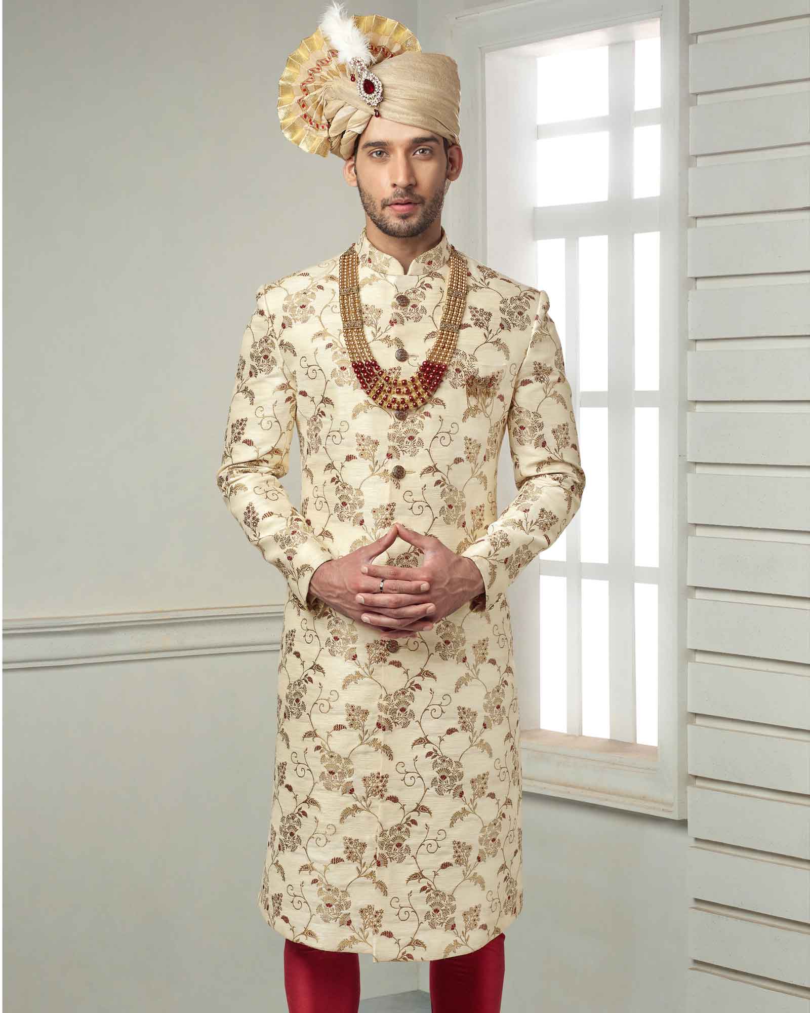 White Zari Print Silk Wedding Sherwani - ASPI365/1