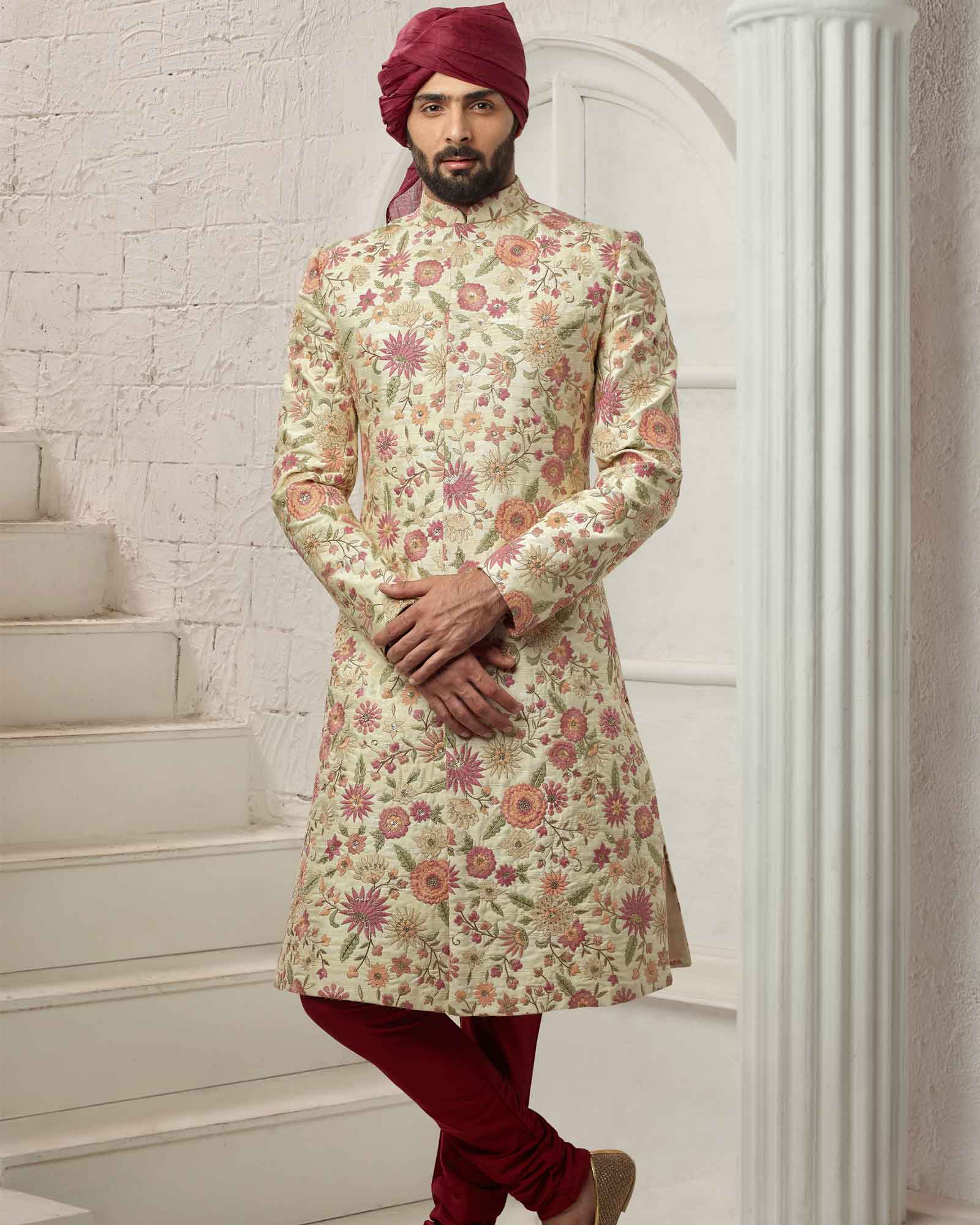 White Tone Floral Resham & Sequins Work Silk Sherwani - ASPI1707/1