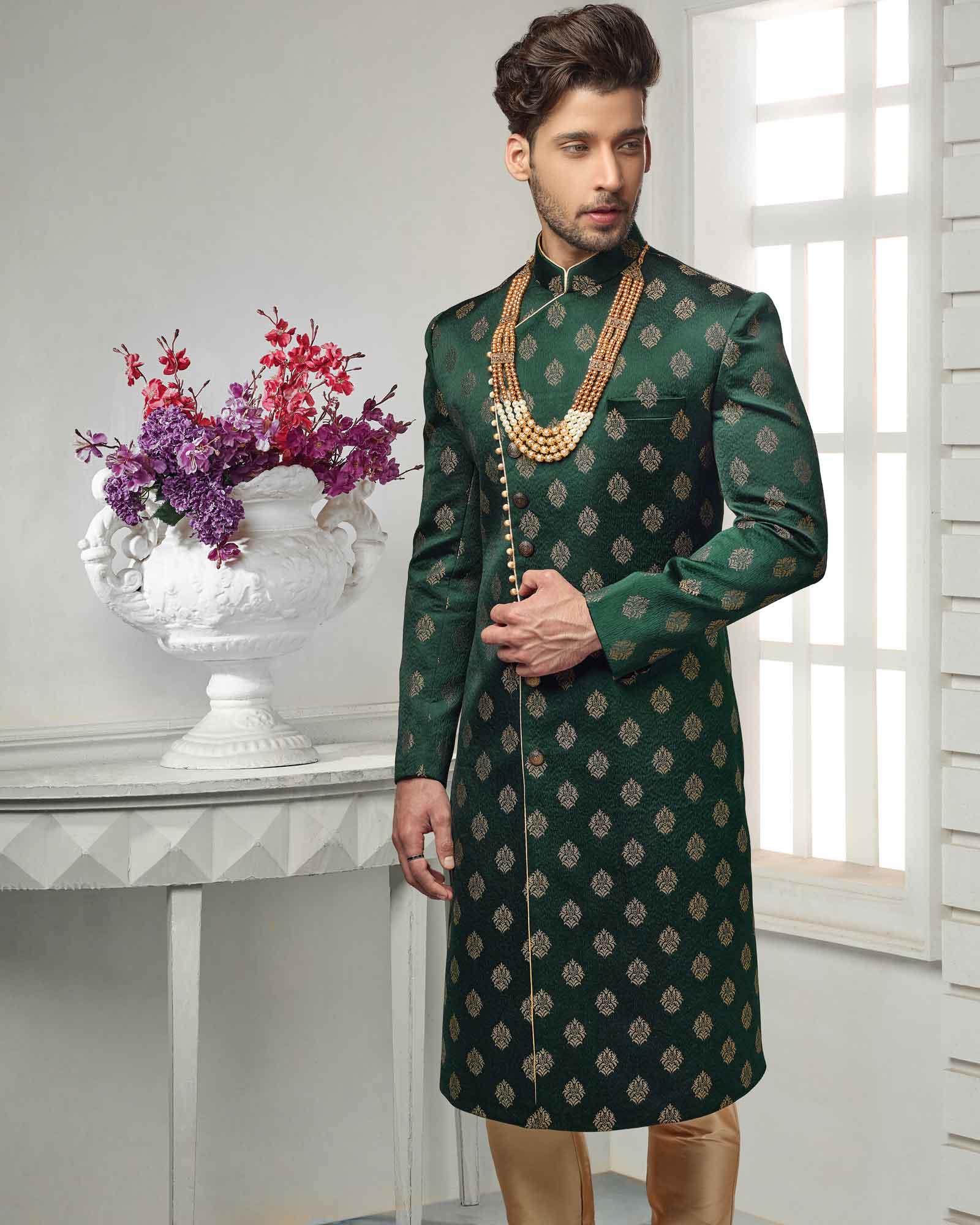 Bottle Green Zari Print Italian Indowestern - ASPI9152/5