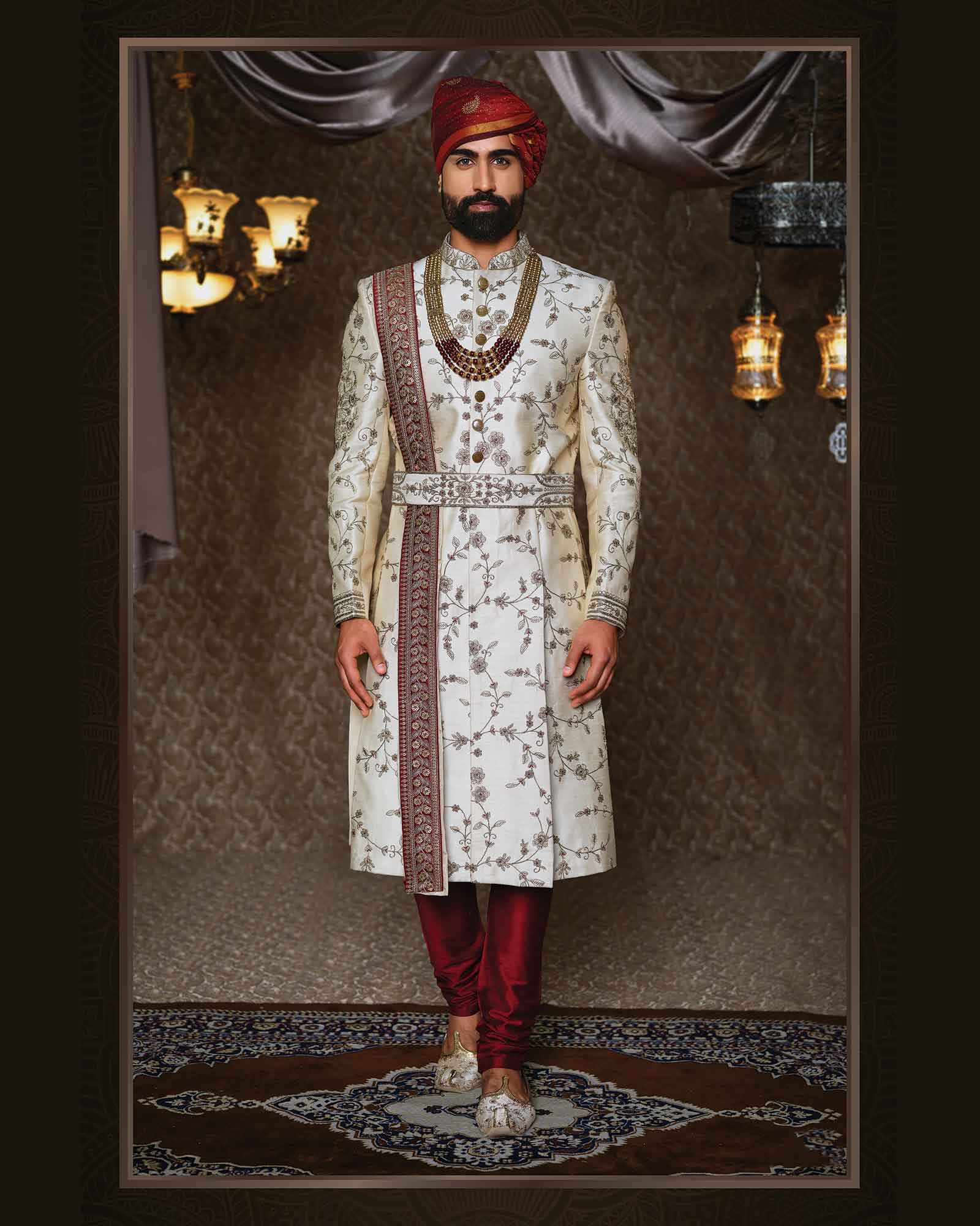 Off White Zari Embroidery Silk Sherwani - ASPE4105