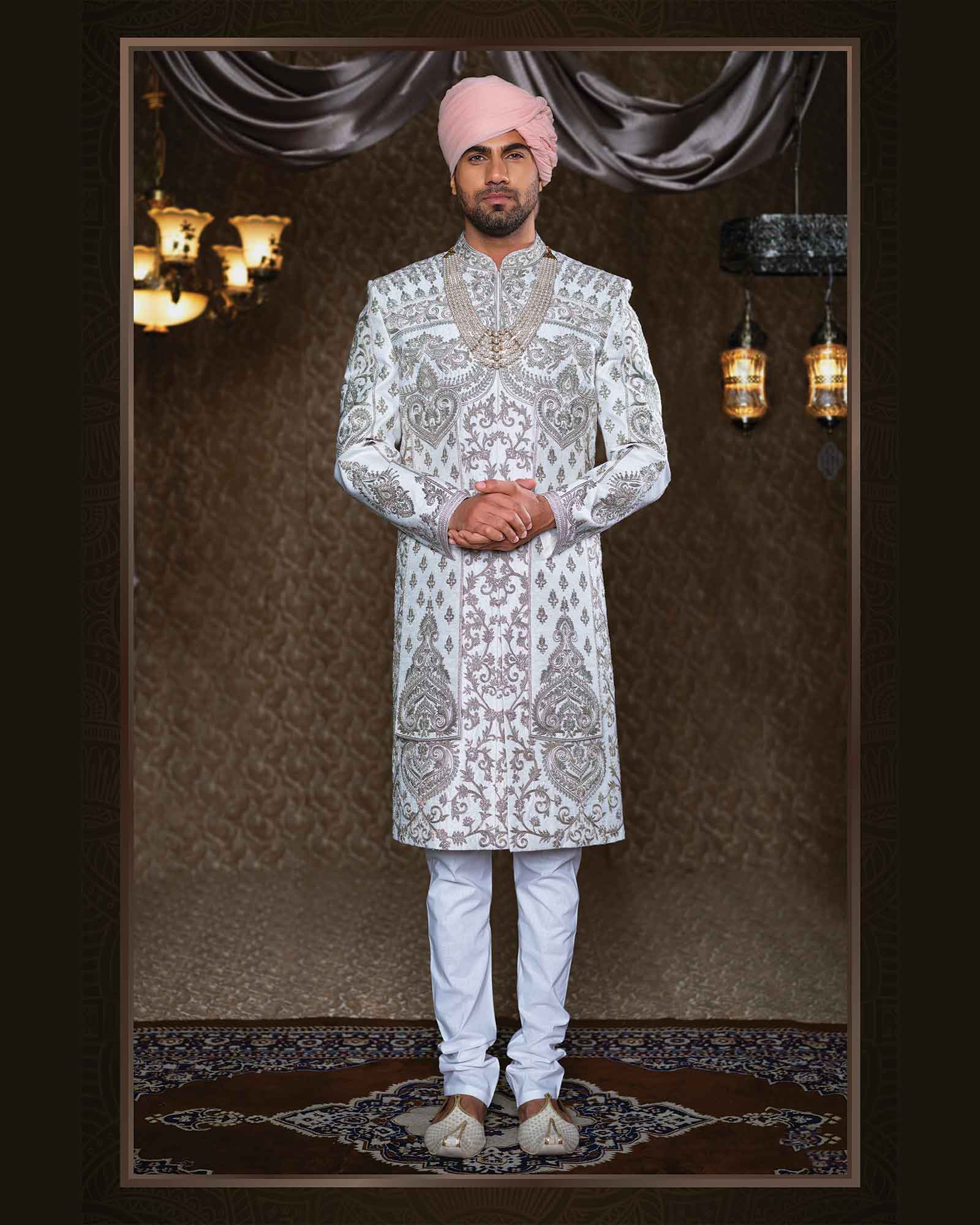 White Embroidery Silk Wedding Sherwani - ASPE4127