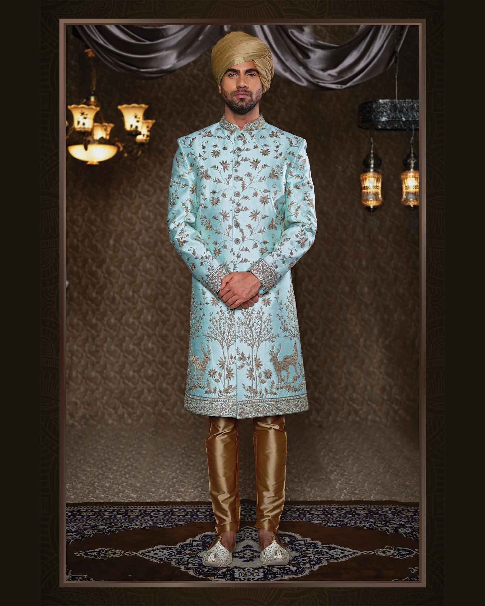 Light Blue Zari Thread Embroidery Silk Sherwani - ASPE4131