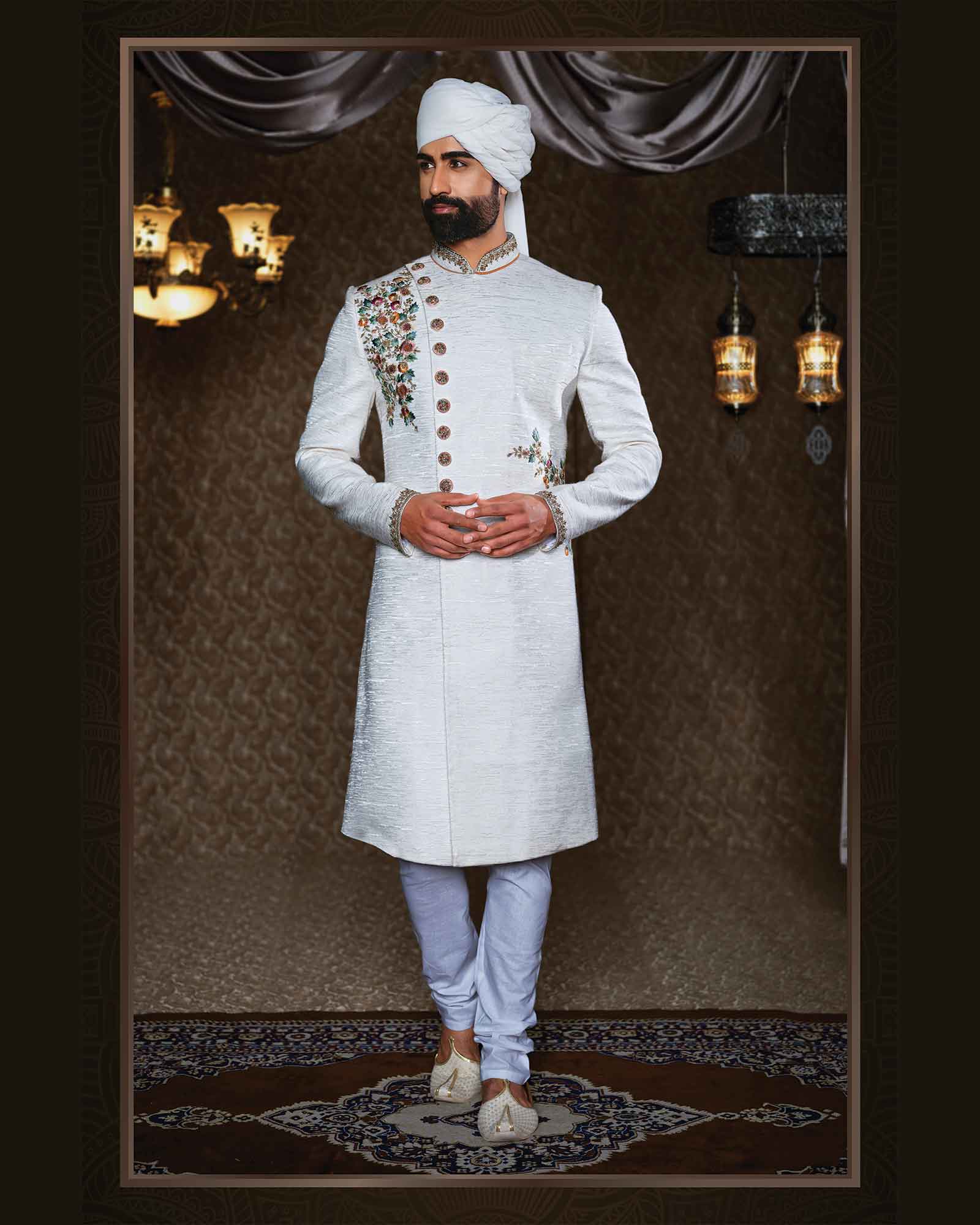 Light Grey Hue Resham and Zari Embroidery Raw Silk Sherwani - ASPE4134