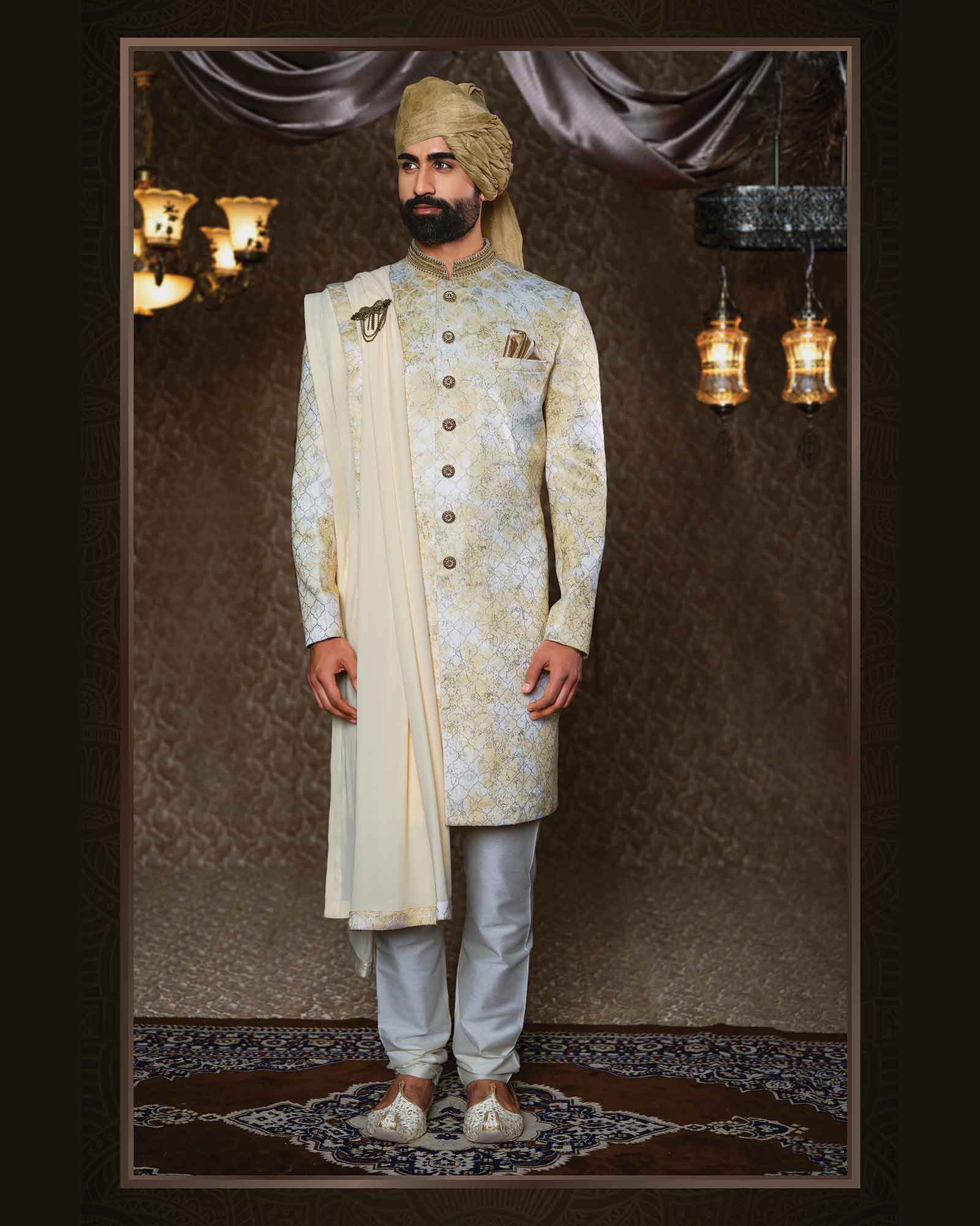 Cream Designer Indowestern Sherwani In Silk - ASPE4176