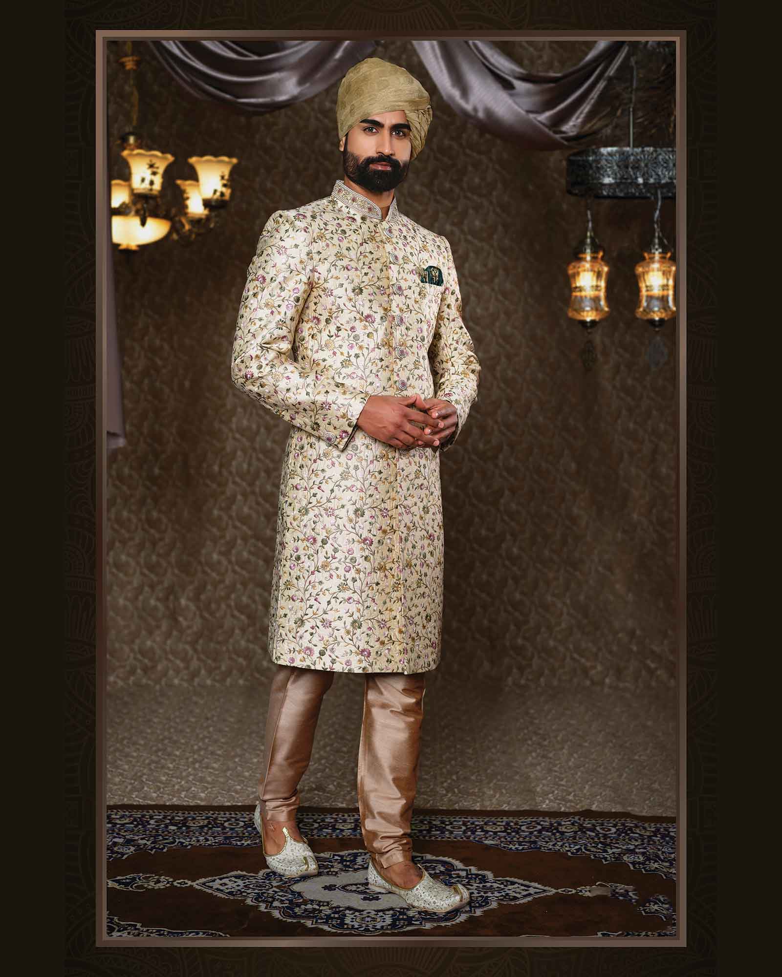 Beige Resham and Zari Embroidery Silk Wedding Sherwani - ASPE4201