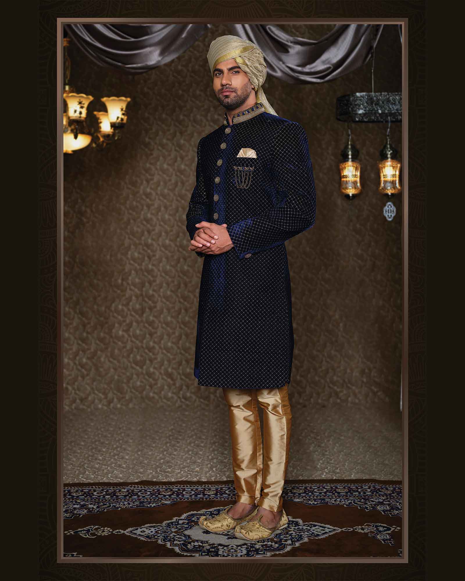 Royal Blue Velvet Zari Sequins Work Indowestern Sherwani - ASPE4202