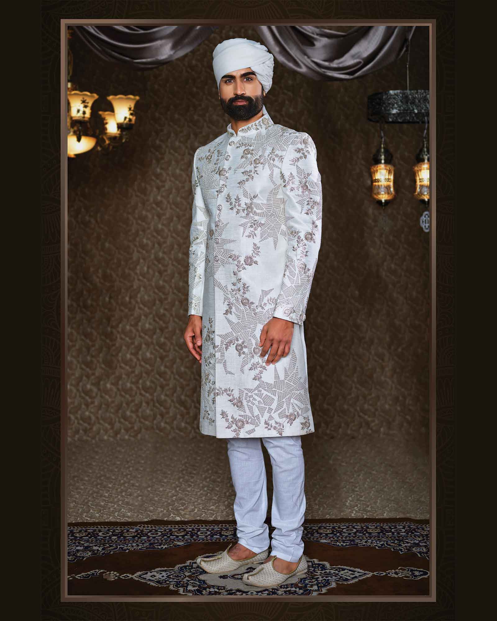 White Zari Thread and Sequins Embroidery Silk Groom Wear - ASPE4204