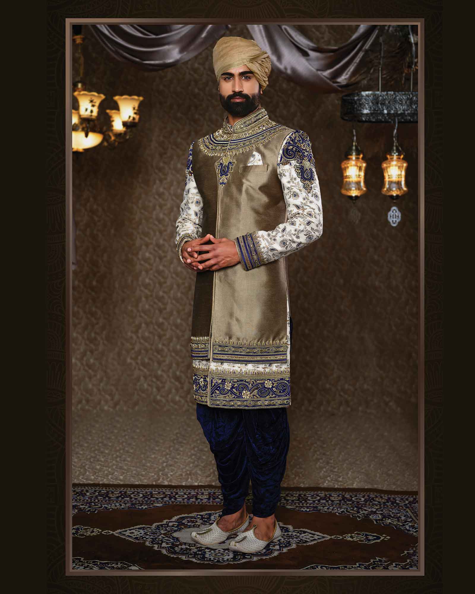 Copper White Combination in Blue Embroidery Sherwani - ASPE4271