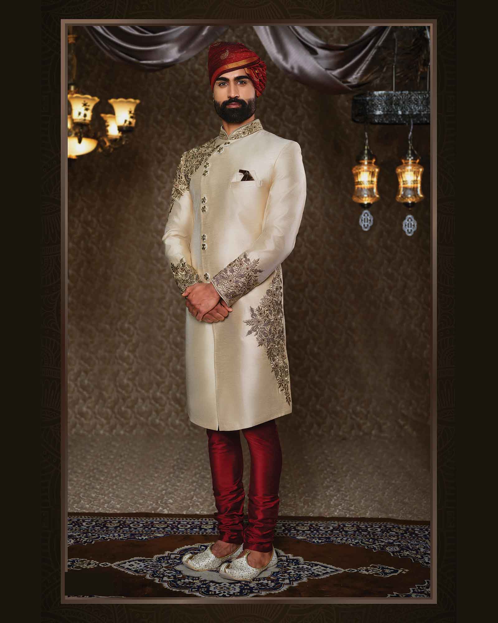 Golden Embroidery Silk Heavy Sherwani - ASPE5005