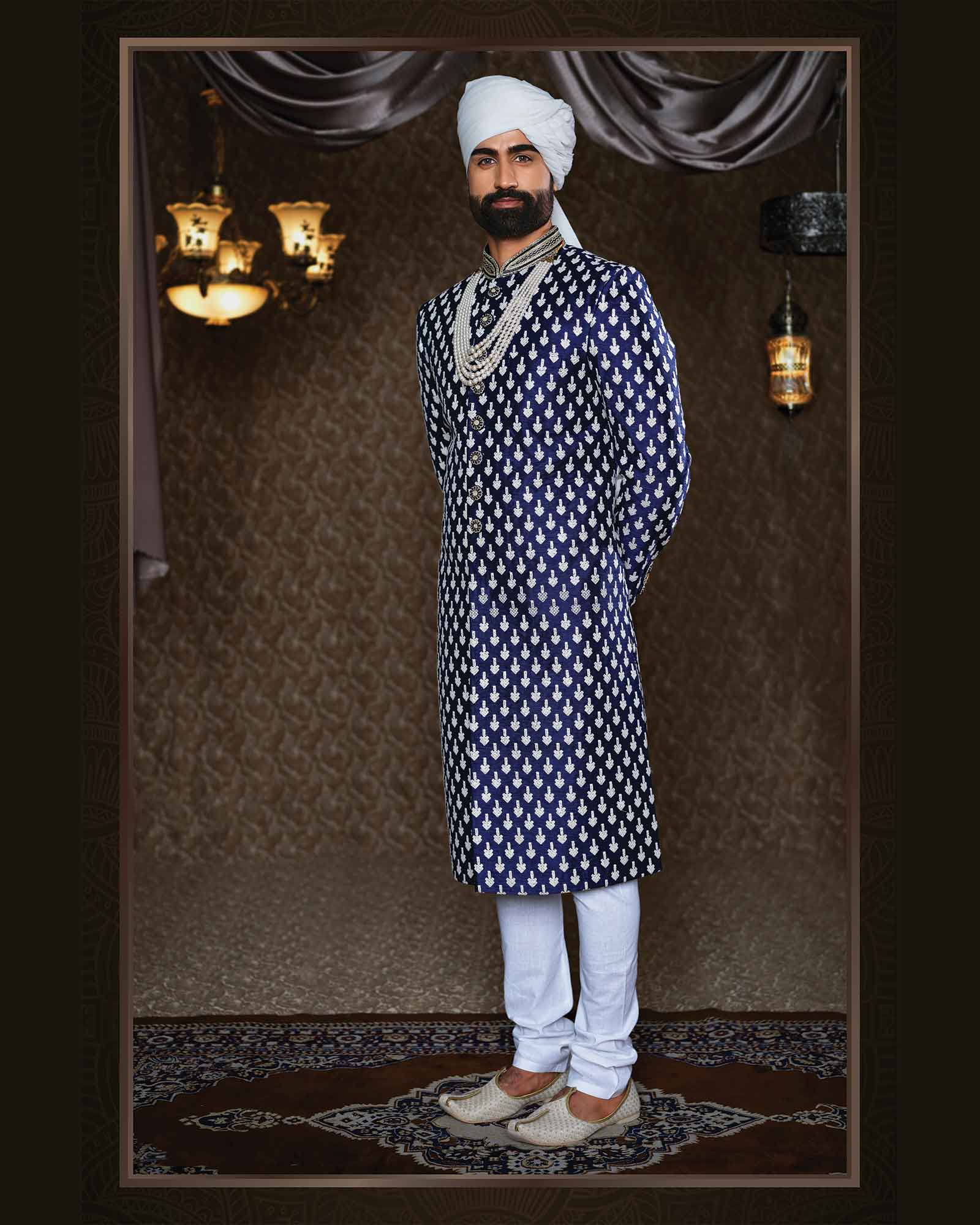 Royal Blue White Dori and Sequins work Sherwani - ASPE6269