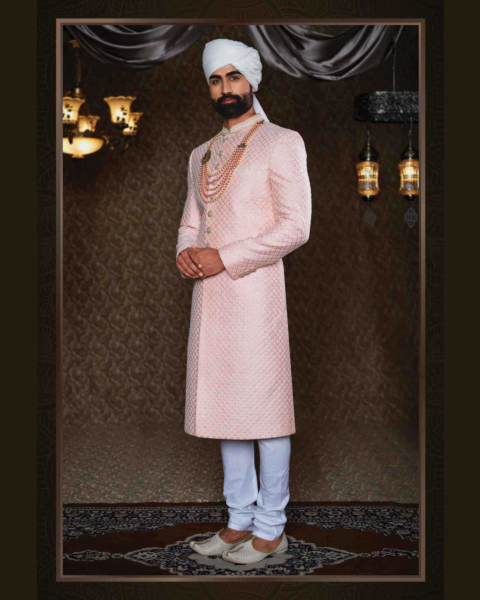 Light Pink Thread Work Sequins Silk Sherwani - ASPEIW-I3