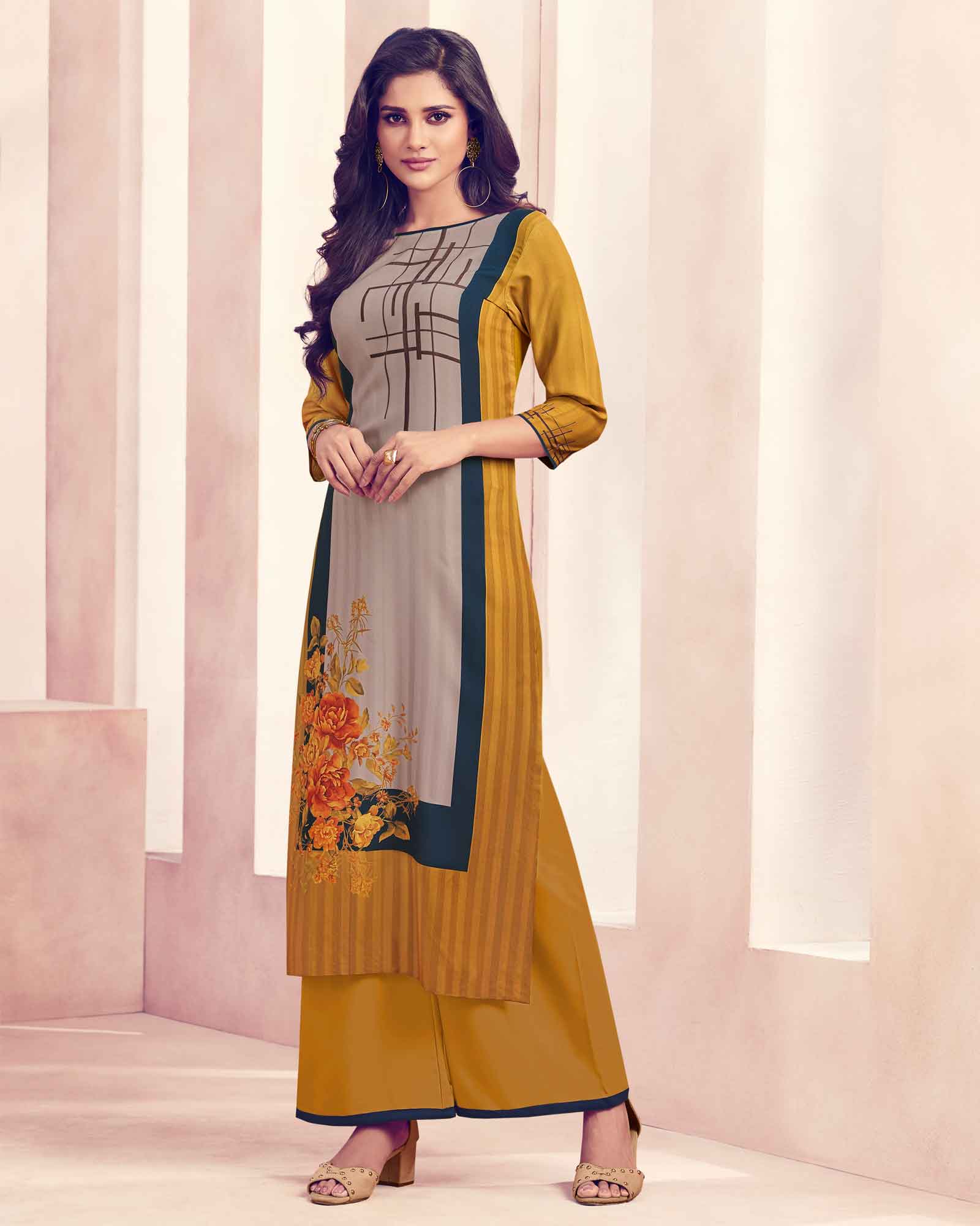 Mustard And Grey Sequnis Kurta Palazzo Set