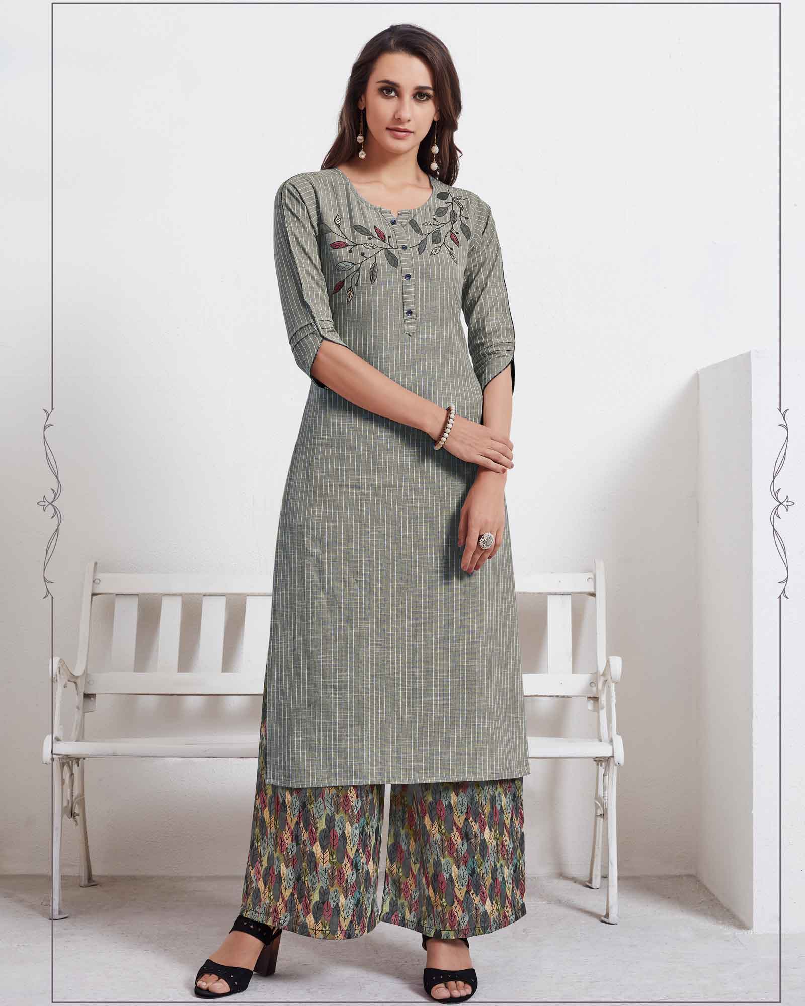 Grey Floral Work Stripes Suit Set