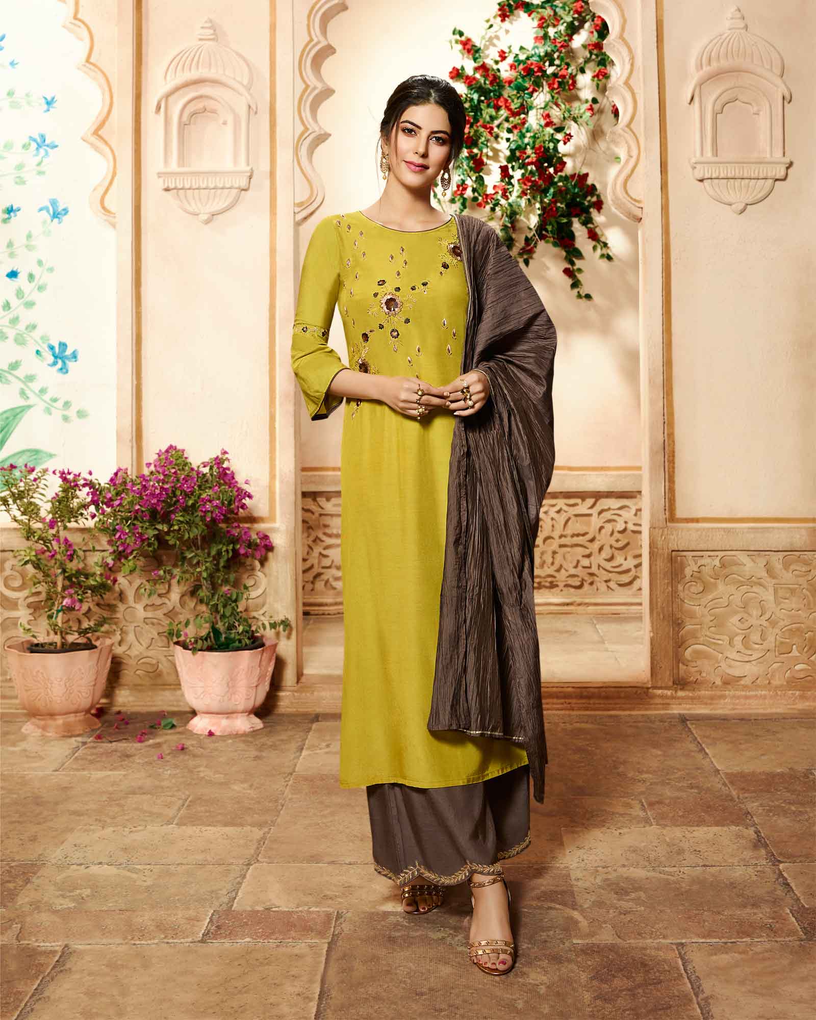 Mustard Kurta And Palazzo With Dupatta