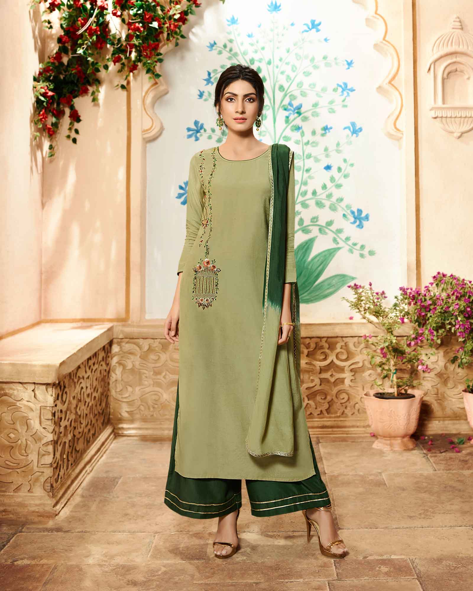 Sea Green top with cream salwar with floral print - Shop online – Bavis  Clothing