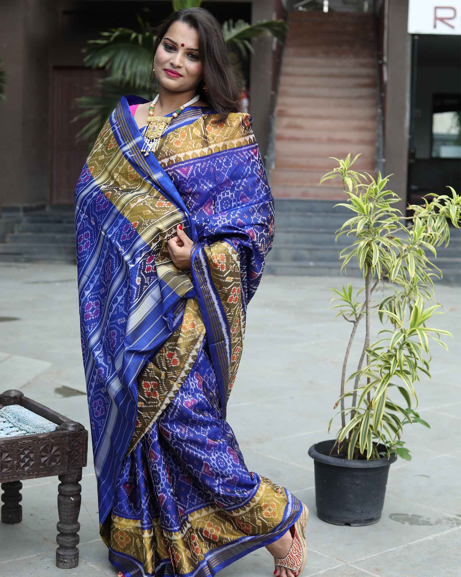 Blue Manekchowk Traditional Patola Saree with Manekchowk Tissue Border 