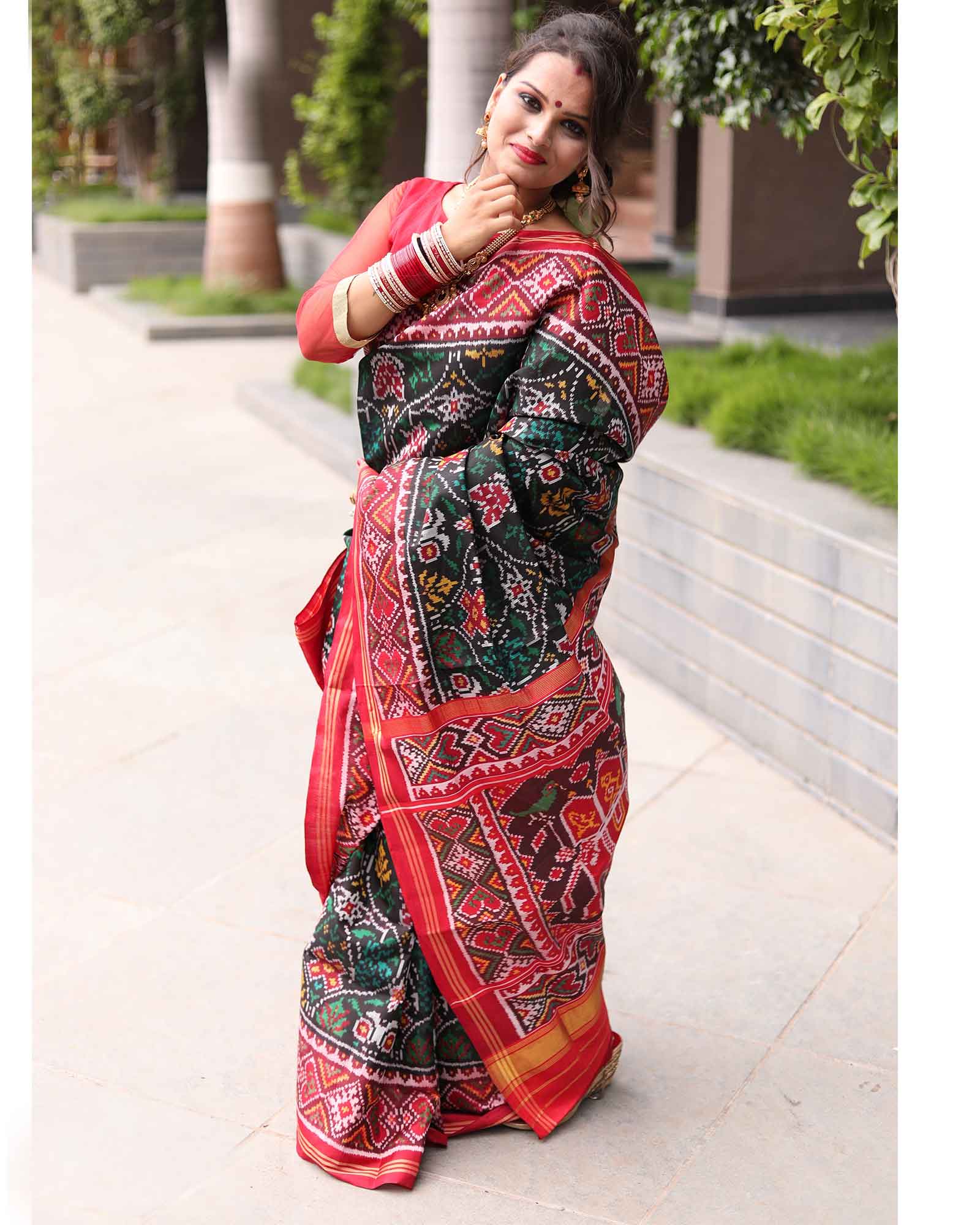 Handcrafted Red & Blue Traditional Patola Saree with Big Haathi Tissue Border 