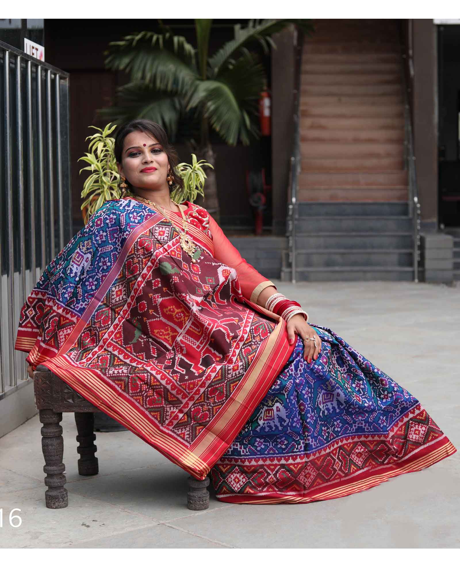Traditional Red & Blue Patola Saree with Big Haathi Tissue Border 