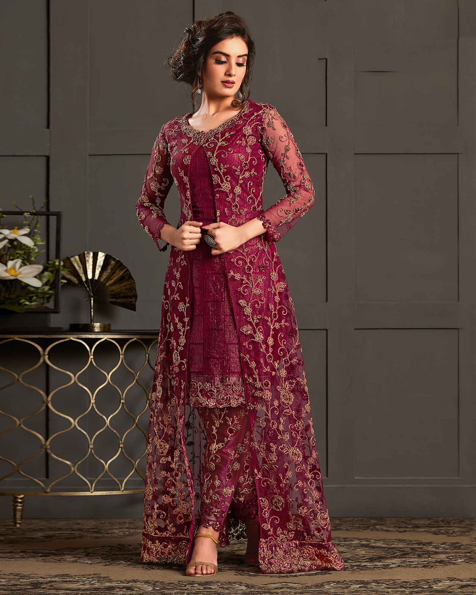 Maroon Net Embroidered Jacket Style Trouser Suit