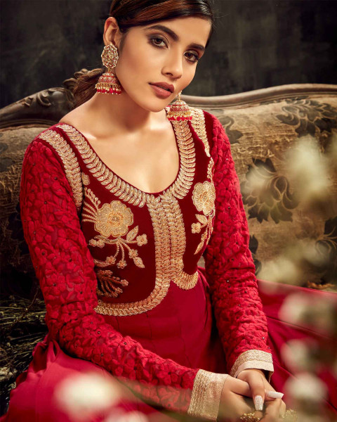 Maroon Georgette Long Embroidered Anarkali Suit 