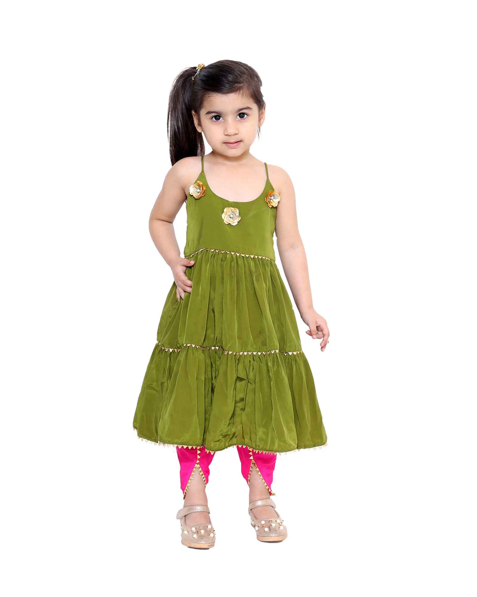 Olive Green Strap Tier Kurta With Tulip Pants