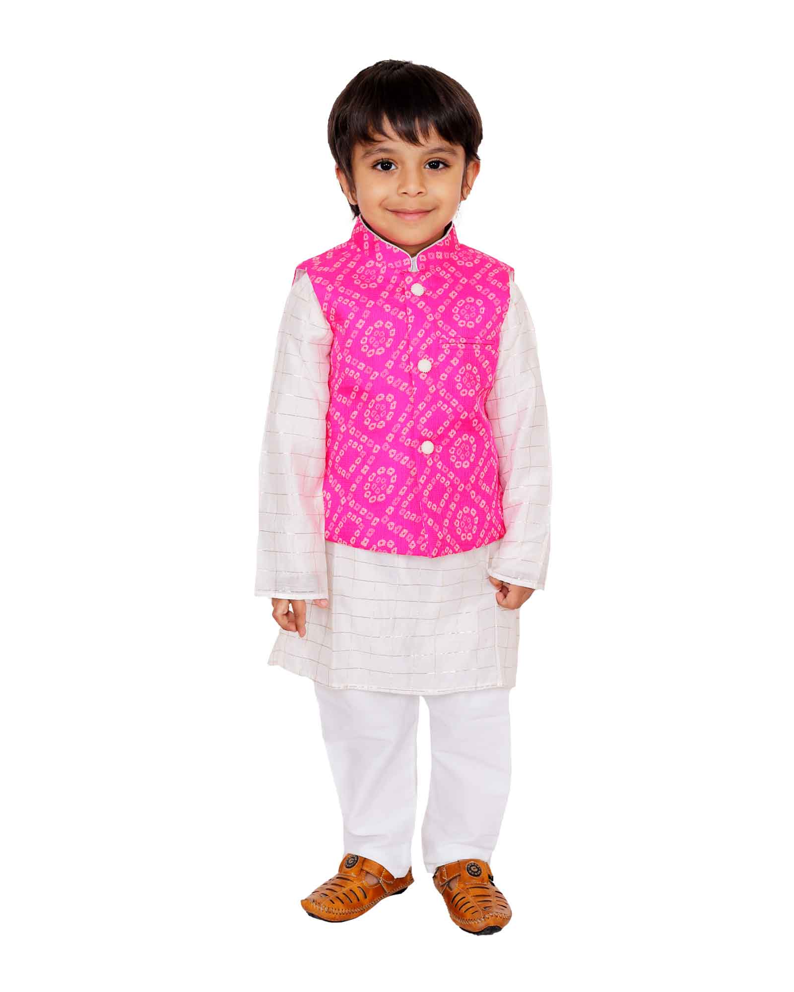 Pink Bandhej Jacket With Kurta Set