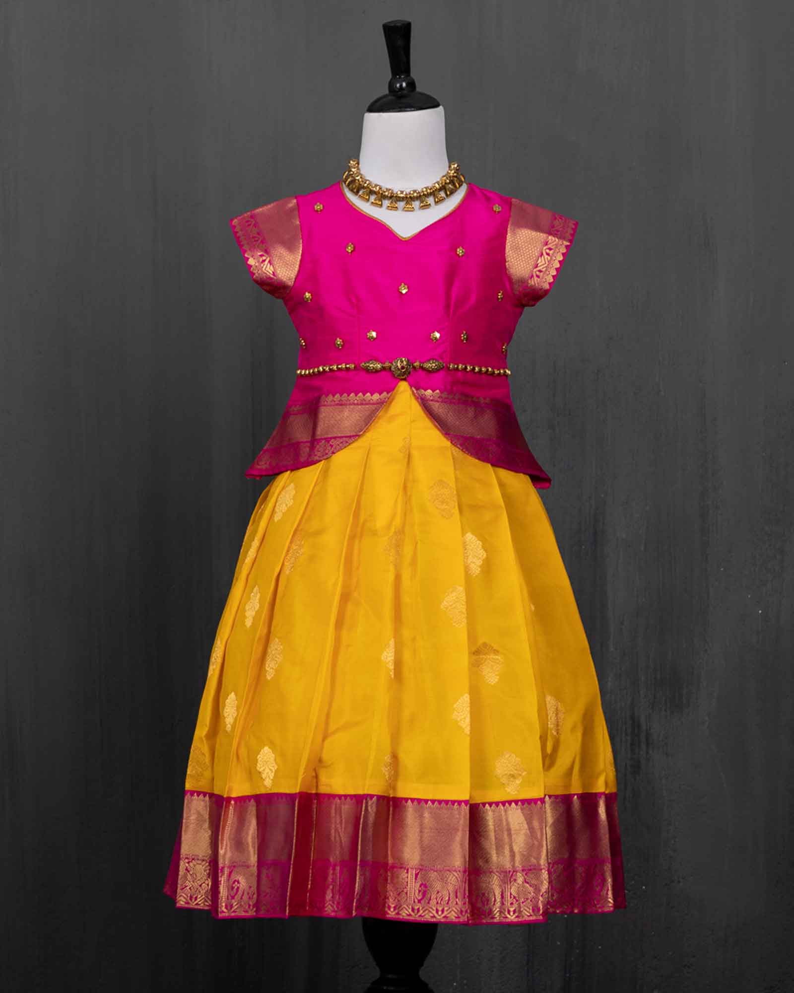 Rani Pink and Yellow Kanjivaram Silk Pattu Pavadai Set