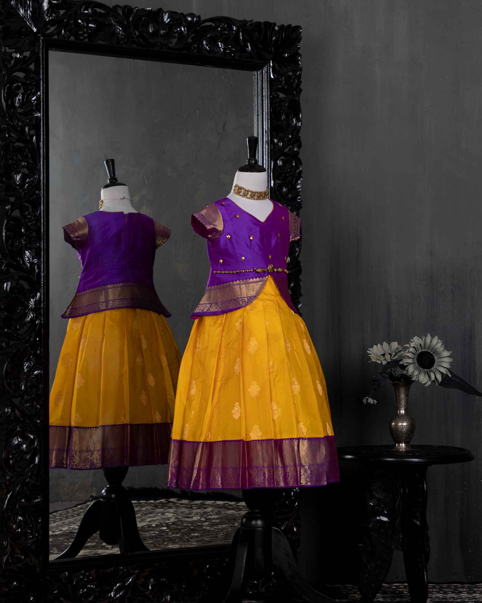 Waist Belt Violet And Yellow Kanjivaram Silk Pattu Pavadai Set