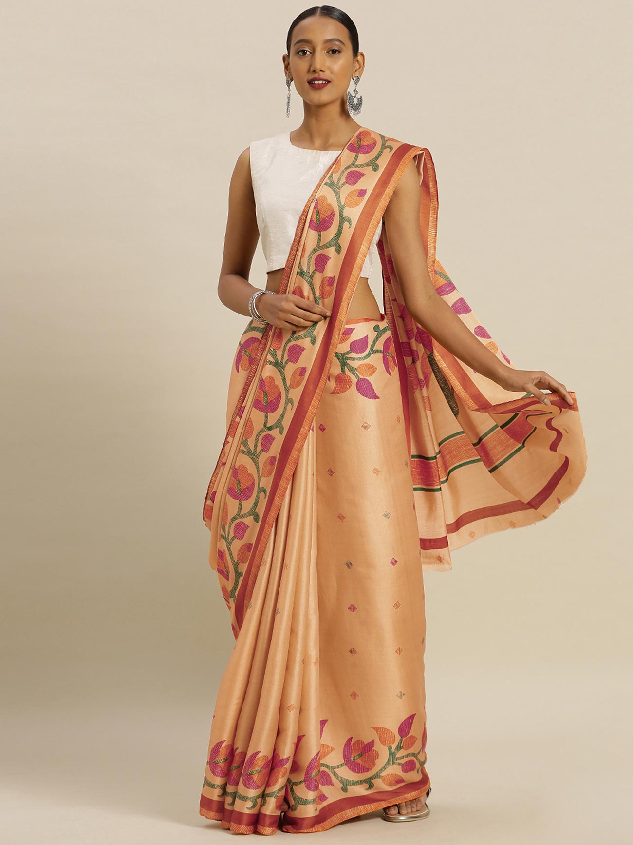 Beige Tussar Silk Printed Saree