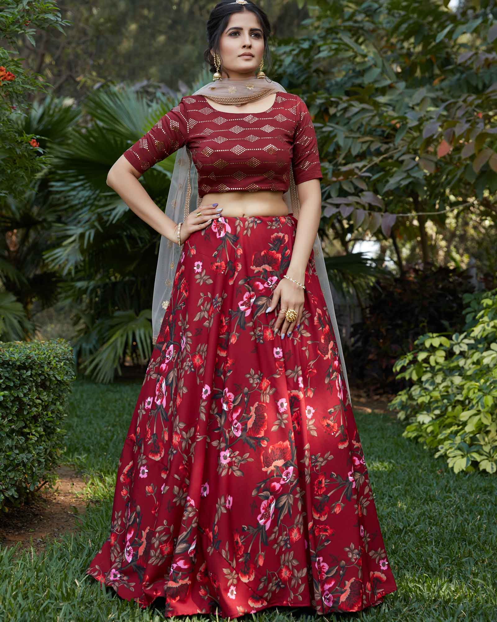 Georgette Party Wear Red floral printed lehenga choli at Rs 1000 in Surat