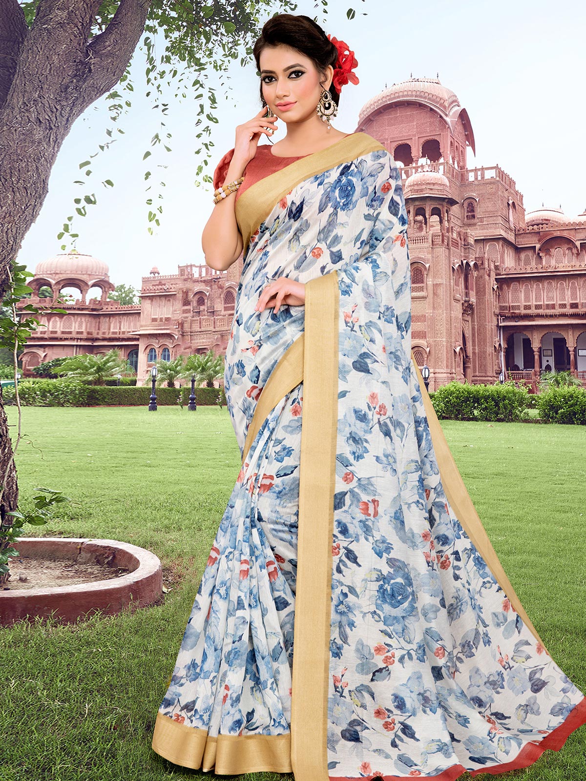  Blue Cotton Blend Printed Saree