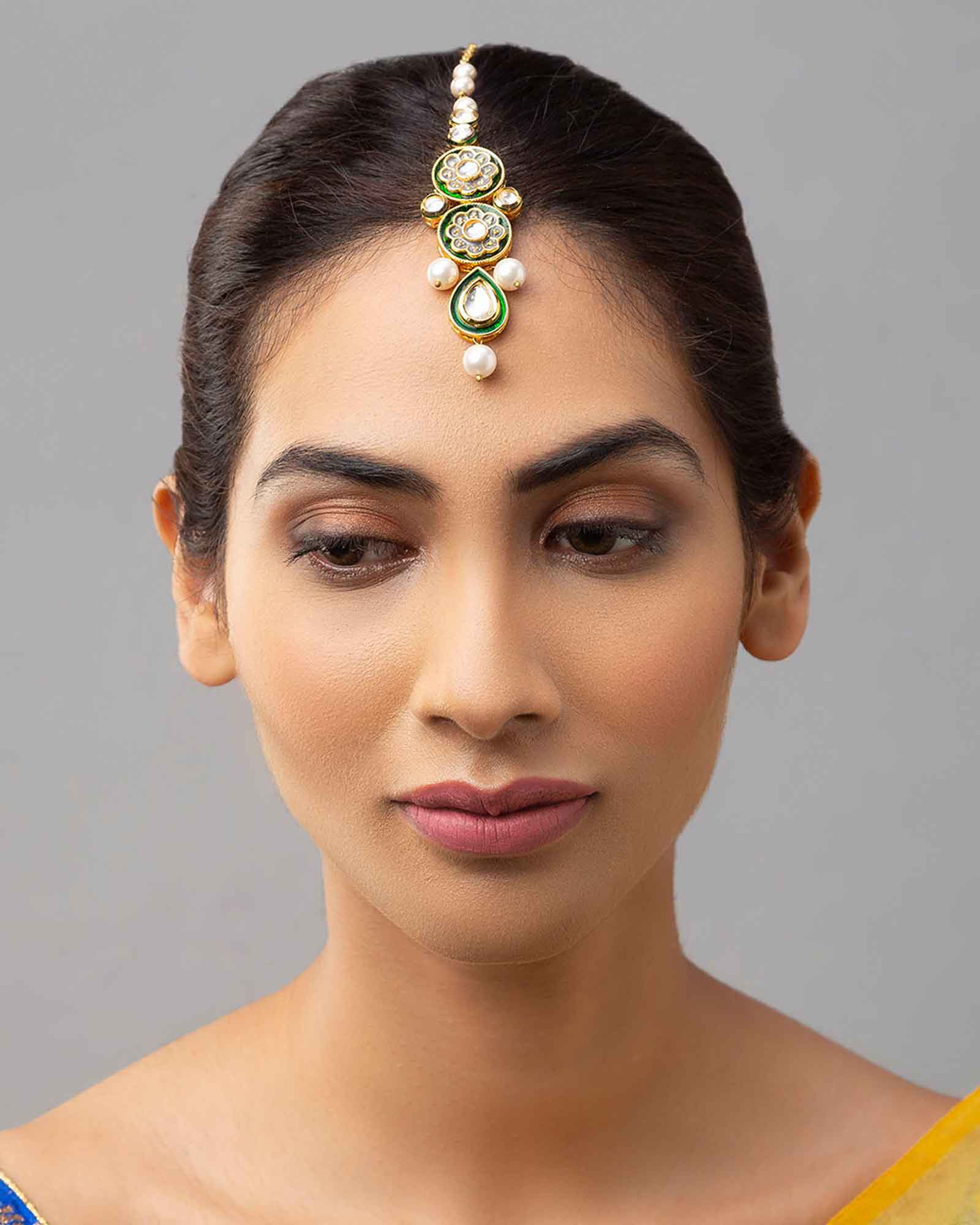 Mesmerizing Meenakari Gold Maang Tikka with Hydro Kundan Polki Work