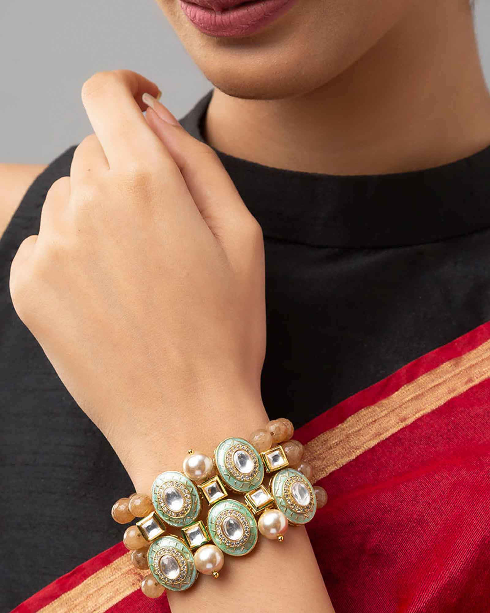 Exquisite Meenakari Gold Bracelet in Hydro Kundan Polki Work with Swarovski Stones