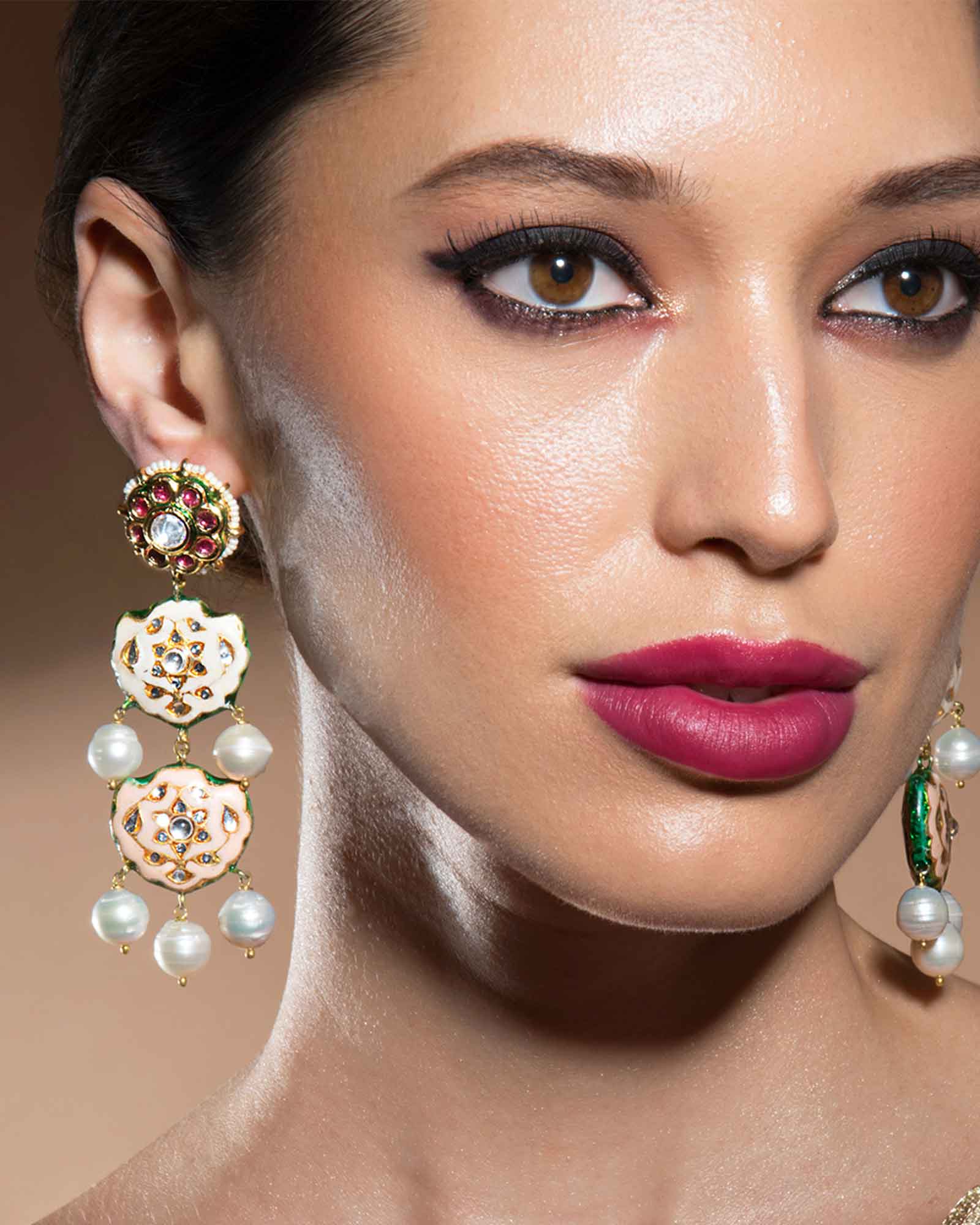 Charming Peach Enamelled Kundan Polki And Baroque Pearl Earrings