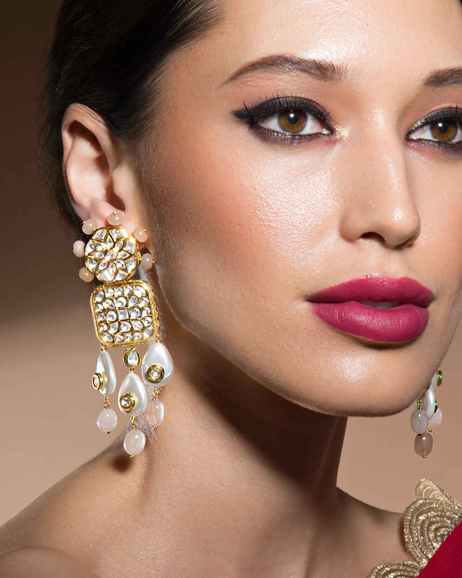 Vibrant Kundan Polki Earrings In Baroque Pearls And Subtle Jade