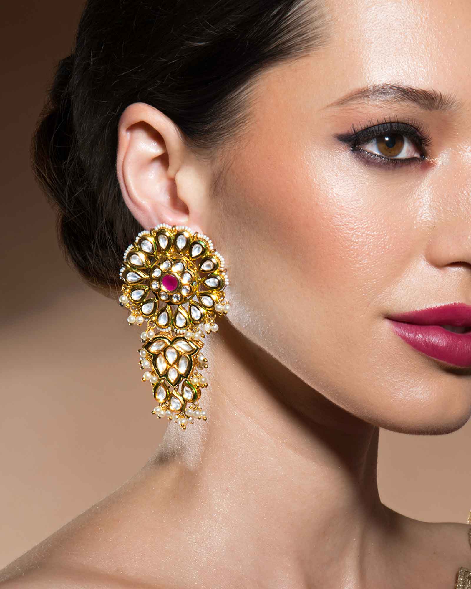 Classic Kundan Polki Hydro Ruby And White Shell Pearl Earrings