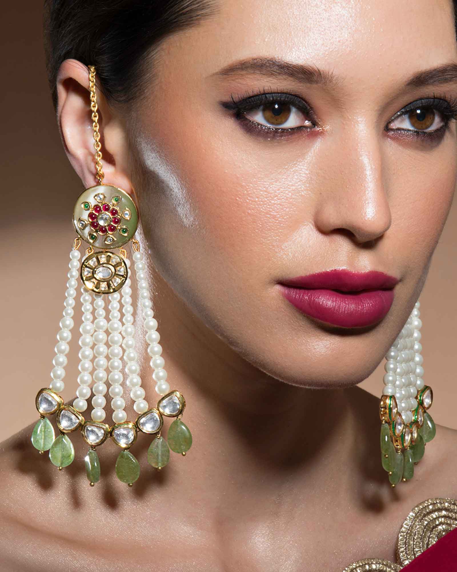 Dazzling Kundan Polki Fluorides And White Shell Pearls Earrings