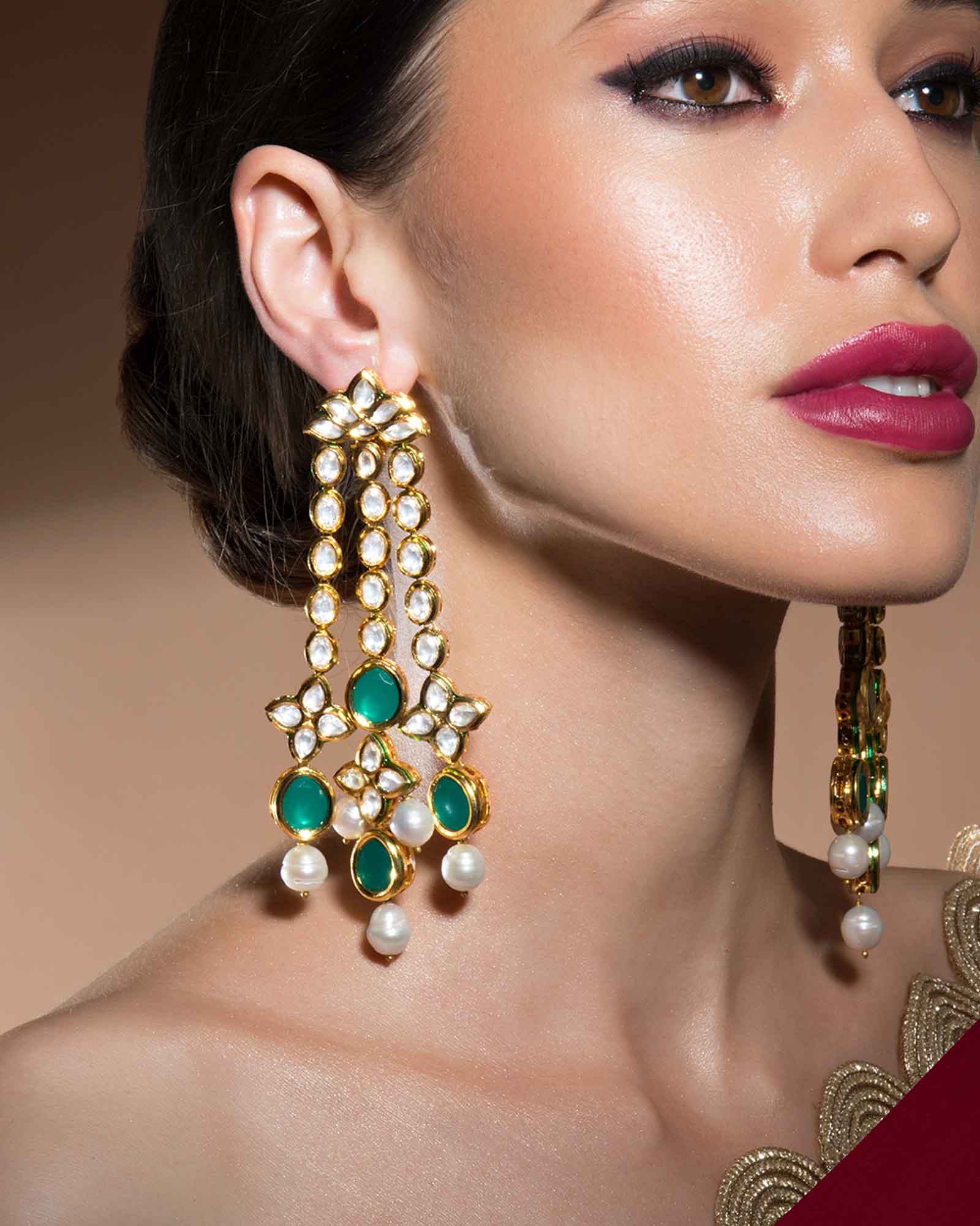 Classic Kundan Polki Gold Enamelled Earrings Studded With Baroque Pearls And Glimmering Quartz
