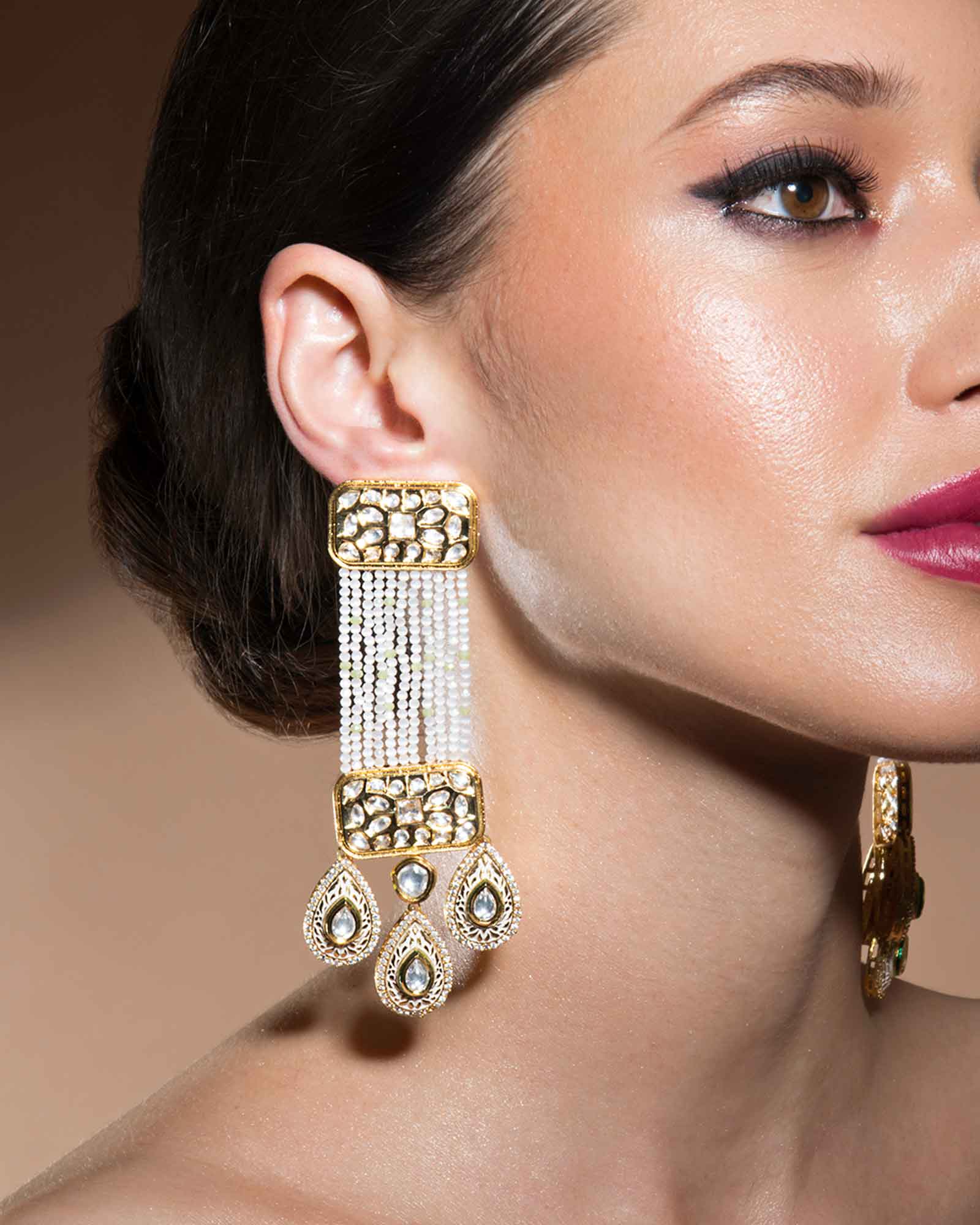 Exquisite Kundan Polki Earrings In Gold Enamelling Paired With Quartz And Baroque Pearls