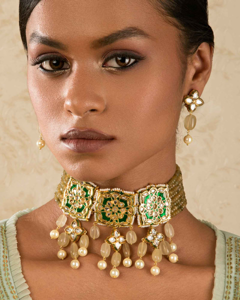 Allure Enamelled Green Kundan Necklace And Earrings Set