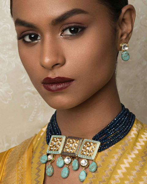 Turquoise Titan Blue Enamelled Kundan Necklace And Earrings Set