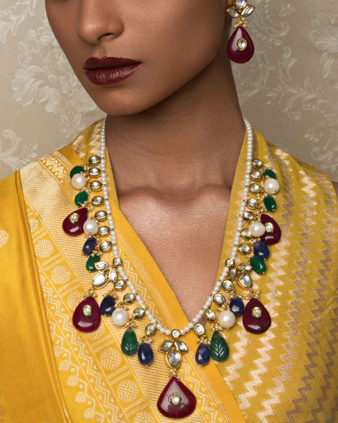 Adore Red And Green Kundan Necklace And Earrings Set