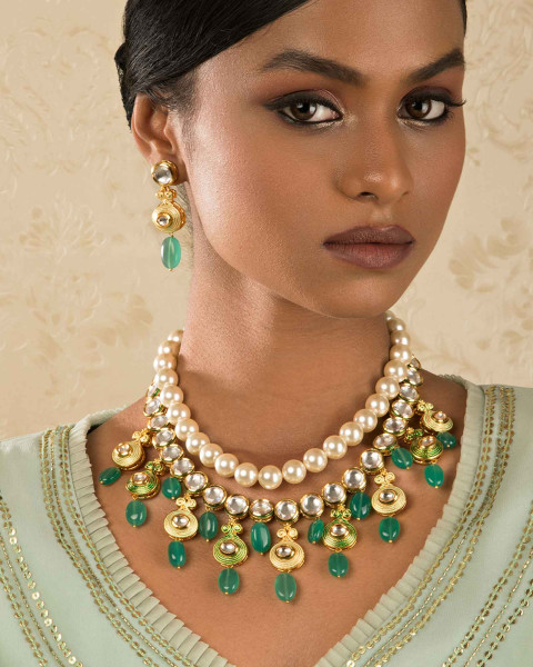 Ethnic Peak Green Enamelled Kundan, Jade Drops And Shell Pearls Necklace Set.