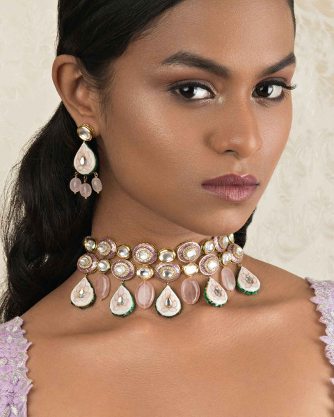 Elemental Pink Enamelled Kundan, Jades And Rose Quartz Drops Necklace And Earrings Set.