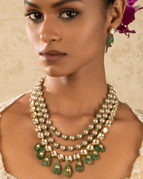 Artisanal Elegant Gold And Green Kundan, Jade Drops, Shell Pearls Necklace And Earrings Set.